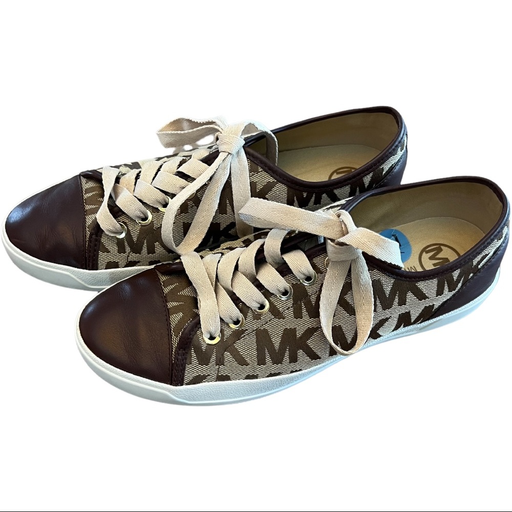 Like New Michael Kors Leather & Canvas Sneakers MK Logo Brown & Tan Size 7.5 - Picture 12 of 12